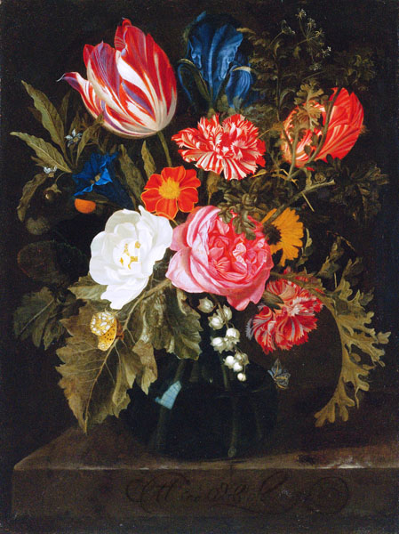 still life of roses carnations a tulip and other flowers in a glass vase